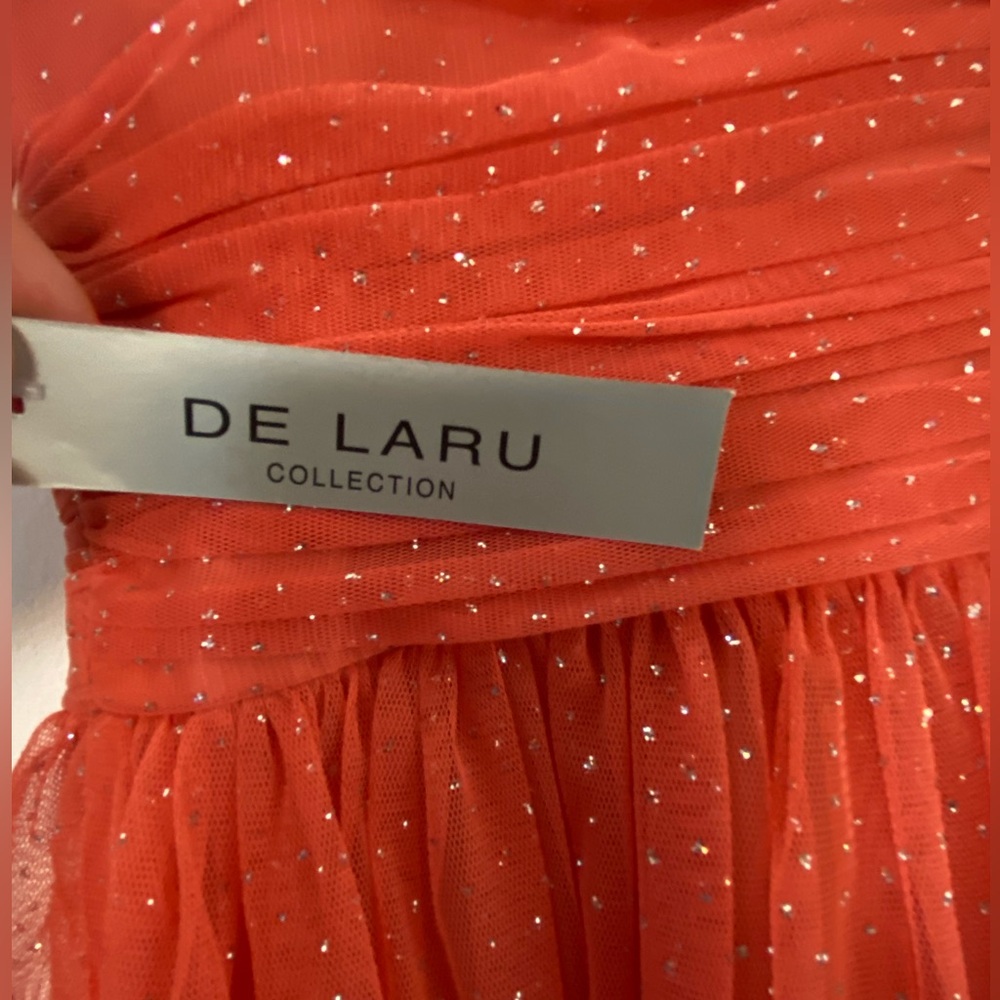 De Laru collection strapless coral sparkly dress